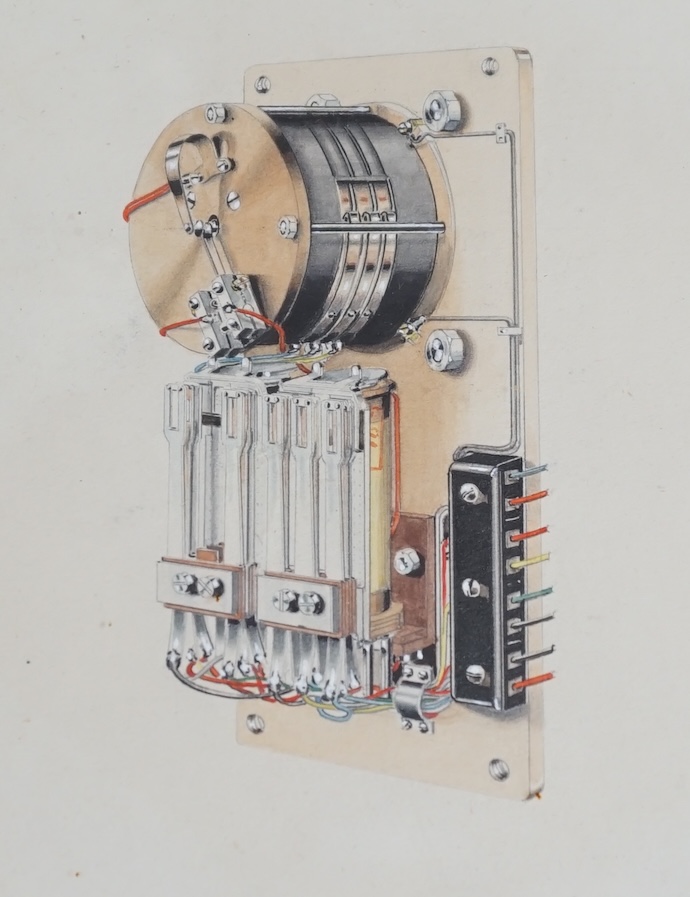Five watercolour and pencil studies including meticulously observed drawings of electric motors, gears, an accelerometer and a view of a building, possibly designed by Giles Gilbert Scott, 18 x 13.5cm. Condition - fair
